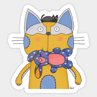 Cat Goof With Stuffed Toy Rabbit with Pet Mini Black Cat Sticker